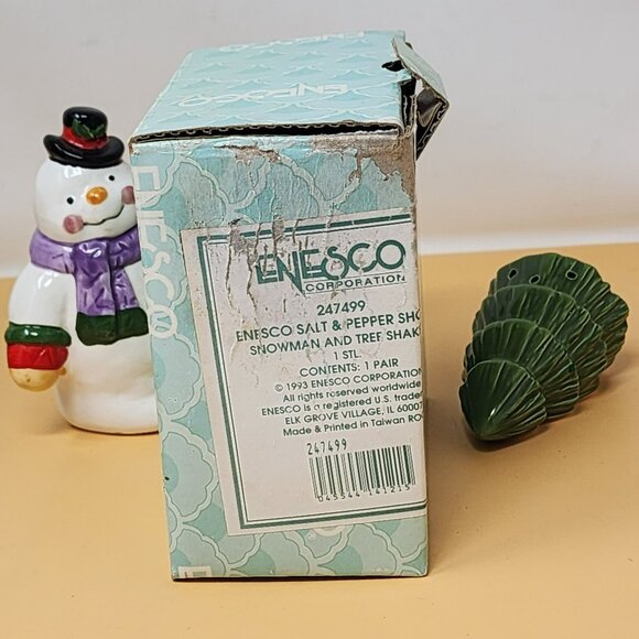 Enesco Snowman & Christmas Tree Ceramic Salt & Pepper Shaker Set New In Box - Picture 2 of 11